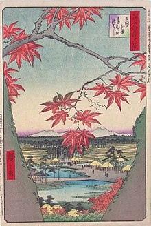Гравюра. Утагава Хиросигэ «Кленовые листья в Мама» из цикла «Сто знаменитых видов Эдо»