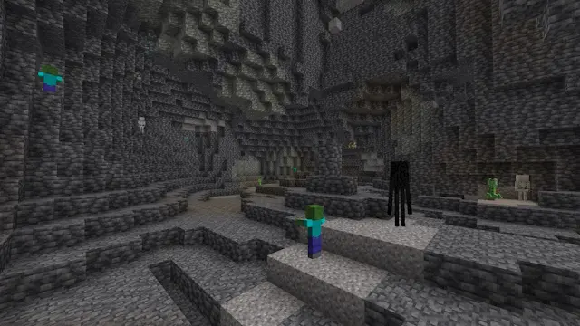Исследование пещер на уровне глубинного сланца для поиска алмазов в Minecraft